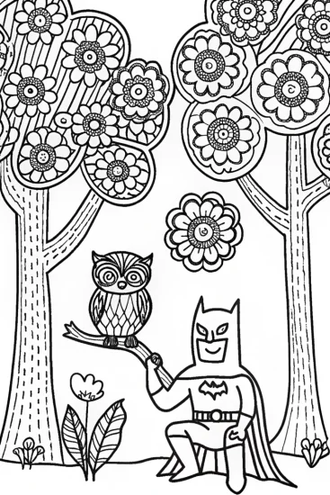 A coloring page of Batman in the Mystic Forest Coloring Page