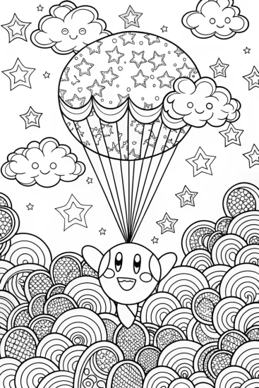 A coloring page of Kirby’s Whimsical Balloon Adventure Coloring Page