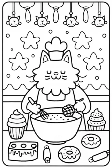 A coloring page of Muffin the Cat’s Enchanted Bakery Coloring Page
