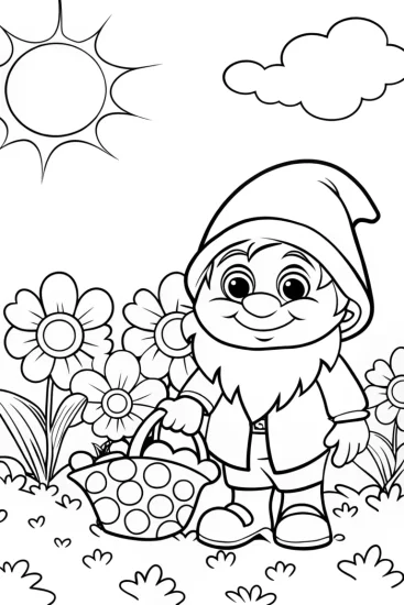 A coloring page of Joyful Gnome Planting Colorful Seedlings