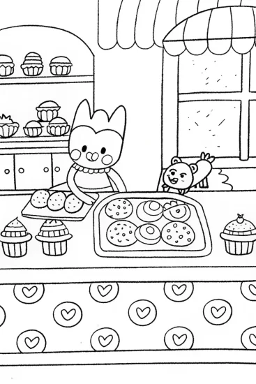 A coloring page of Kuromi’s Magical Bakery Coloring Page