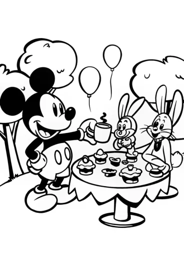 A coloring page of Mickey Mouse’s Whimsical Tea Party Coloring Page