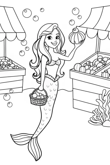 A coloring page of Mermaid Market Day Coloring Page