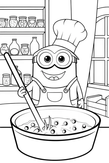 A coloring page of Minion Chef’s Kitchen Cook-off Coloring Page