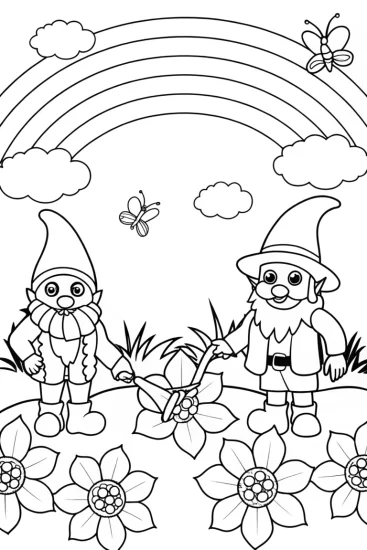 A coloring page of Rainbow Garden Gnomes Coloring Page