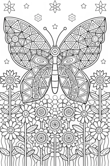 A coloring page of Butterfly Dreams in a Mosaic Garden Coloring Page