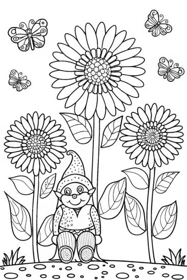 A coloring page of Gnome in the Flower Garden Coloring Page
