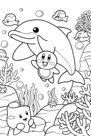A coloring page of Kirby’s Underwater Adventure Coloring Page