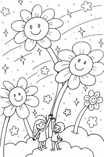A coloring page of Rainbow High Students in a Dreamy Landscape