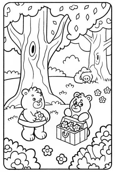 A coloring page of Cheer Bear and Funshine Bear Treasure Hunt Coloring Page