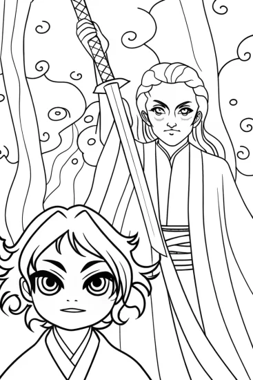 A coloring page of Demon Slayer and Spirit Coloring Page