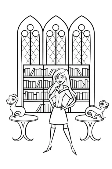 A coloring page of Barbie’s magical castle library coloring page
