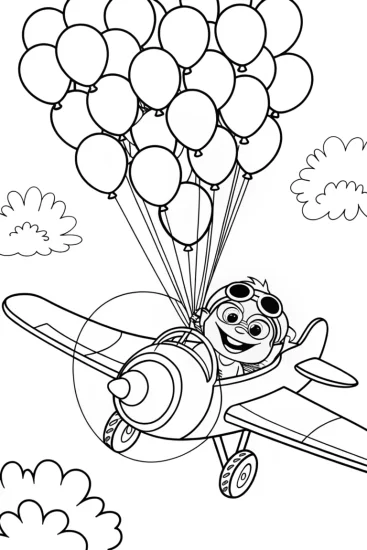 A coloring page of Huggy Wuggy takes flight with balloons