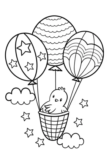 A coloring page of Chick’s Dreamy Balloon Adventure Coloring Page