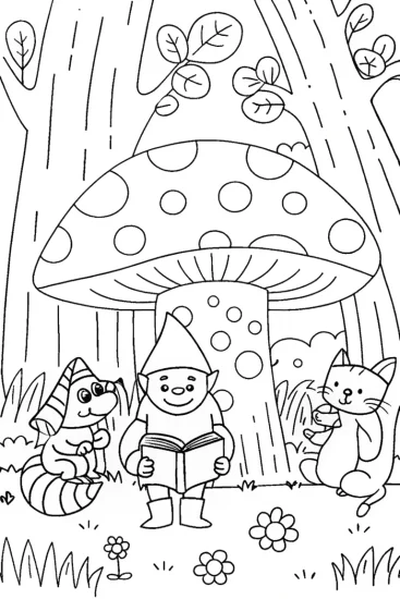 A coloring page of Gnome Under a Canopy of Whimsy Coloring Page