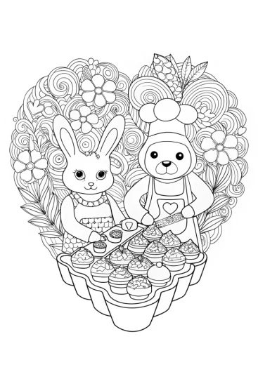 A coloring page of Heartfelt Bakery Coloring Page Featuring Bunny and Bear