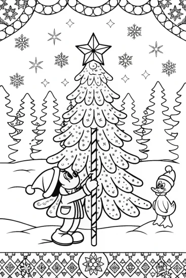 A coloring page of Mickey Mouse Christmas Tree Adventure Coloring Page