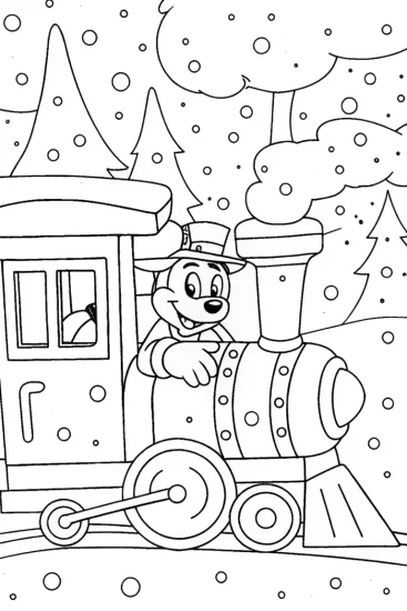 A coloring page of Mickey Mouse Christmas Train Adventure Coloring Page
