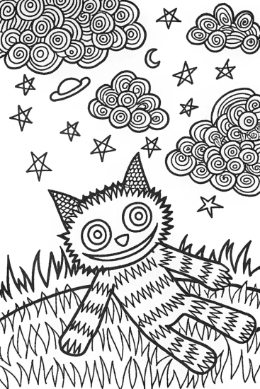 A coloring page of Huggy Wuggy Under the Starry Sky Coloring Page