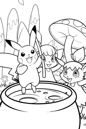 A coloring page of Pikachu’s Potion Party Coloring Page