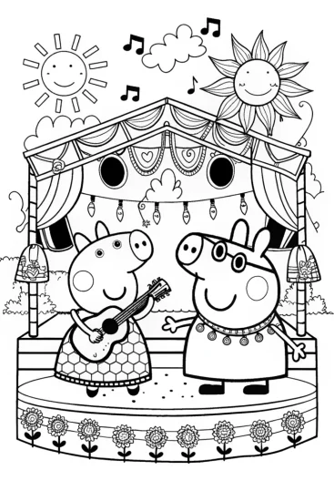 A coloring page of Peppa Pig at the Joyful Music Festival Coloring Page