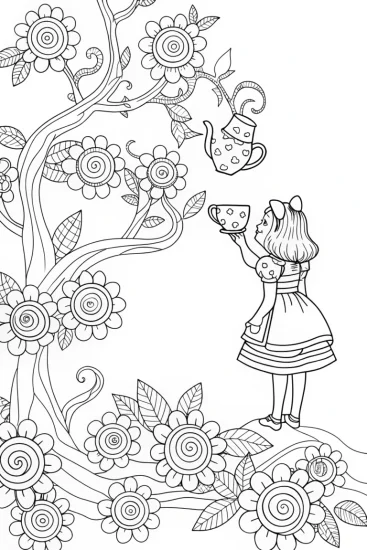 A coloring page of Alice in the Garden of Wonders Coloring Page