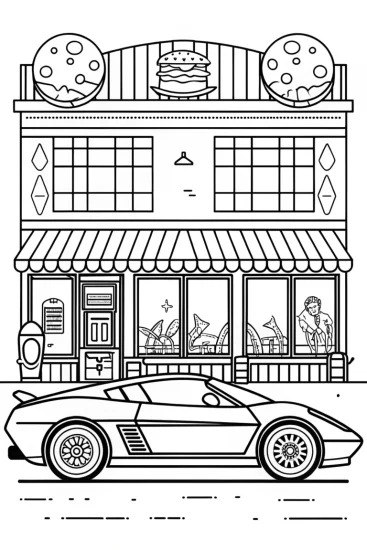 A coloring page of Lamborghini Adventure in a Retro Diner Coloring Page