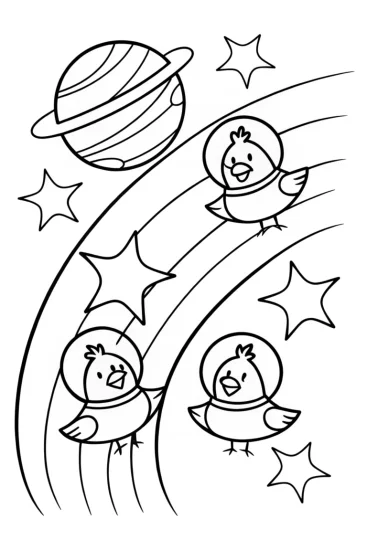 A coloring page of Chickens on a Cosmic Adventure Coloring Page