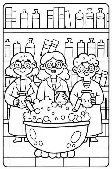 A coloring page of Rainbow High Students in a Magic Potion Lab Coloring Page