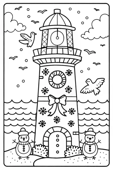 A coloring page of The Christmas Lighthouse Coloring Page
