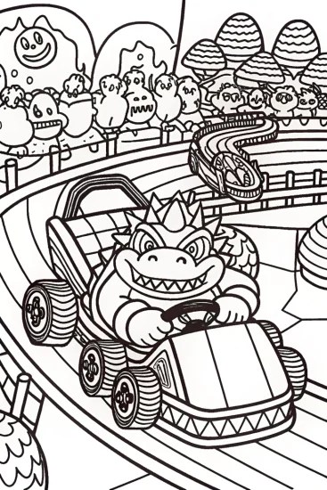 A coloring page of Bowser’s Wild Kart Challenge Coloring Page
