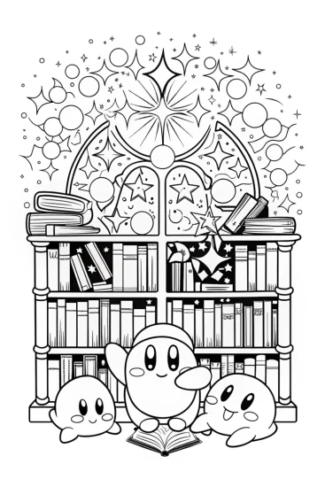 A coloring page of Kirby in the Enchanted Bookstore Coloring Page