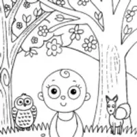Baby’s cheerful forest exploration coloring page