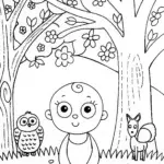 Baby’s cheerful forest exploration coloring page