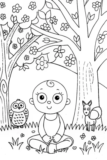 A coloring page of Baby’s cheerful forest exploration coloring page
