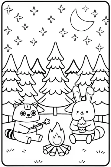 A coloring page of Pompompurin’s Cozy Campfire Night Coloring Page