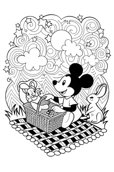 A coloring page of Mickey Mouse’s Starry Night Picnic Coloring Page