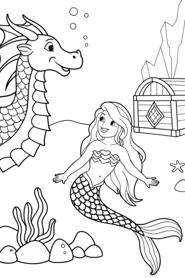 A coloring page of Mermaid and the Guardian Sea Dragon Coloring Page