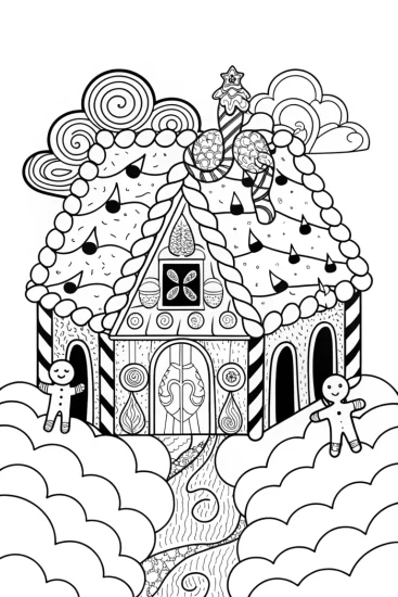 A coloring page of Gingerbread House Coloring Page