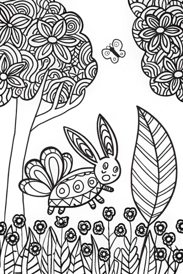A coloring page of Eevee’s Magical Garden Adventure Coloring Page