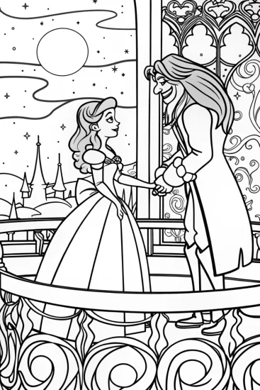 A coloring page of Belle and the Beast Enchanted Castle Coloring Page