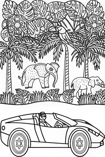 A coloring page of Lamborghini in a vibrant jungle race