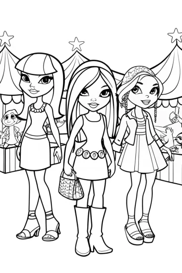 A coloring page of Bratz Dolls’ Magical Fashion Adventure Coloring Page