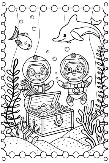 A coloring page of Bluey’s Underwater Treasure Hunt Coloring Page