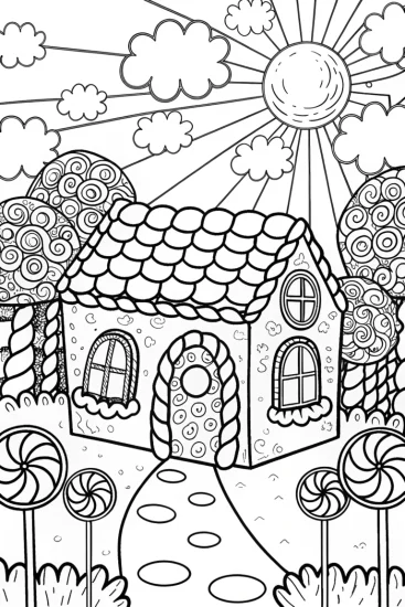 A coloring page of Gingerbread House in a Candy Garden Coloring Page