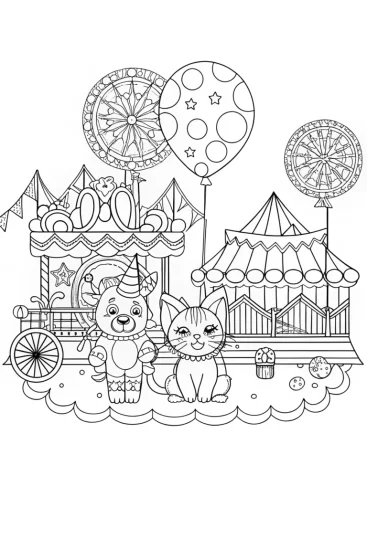 A coloring page of Puppy and Kitten Carnival Coloring Page