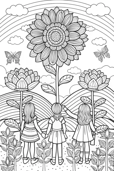 A coloring page of Rainbow High Adventure in a Fantasy Garden Coloring Page