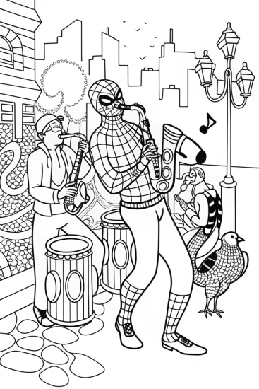 A coloring page of Miles Morales and the Music of the City Coloring Page