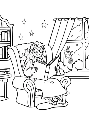 A coloring page of Barbie’s Magical Book Nook Coloring Page