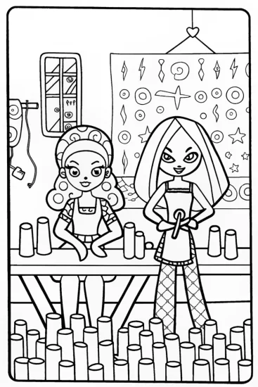 A coloring page of Bratz Fashionistas Crafting in Their Studio